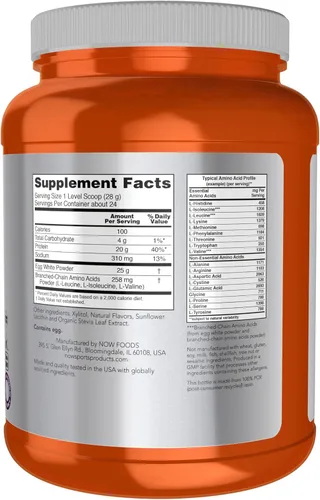 Miniatura 2 de NOW Nutrición deportiva, proteína de clara de huevo, 0.71 oz con BCAAs, polvo cremoso de vainilla, 1.5 libras