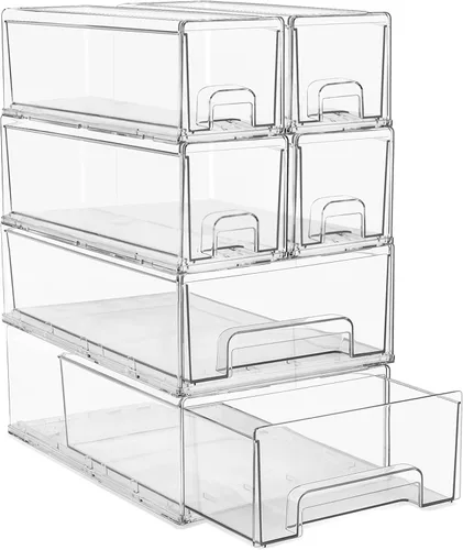 Miniatura 12 de Sorbus 1 cajón grande y 2 pequeños transparentes y apilables – Cajones organizadores de plástico con asas – Cajones de almacenamiento extraíbles