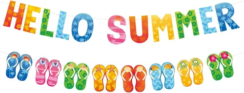Cartel de Hello Summer y colorido banner de verano hawaiano tropical playa piscina sandalias guirnalda banner verano vacaciones fiesta cumpleaños