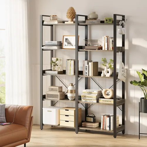 Miniatura 2 de Seventable Estantería grande de 5 niveles, estantería industrial de 63 pulgadas de alto con 4 ganchos, estantería de madera para oficina en casa