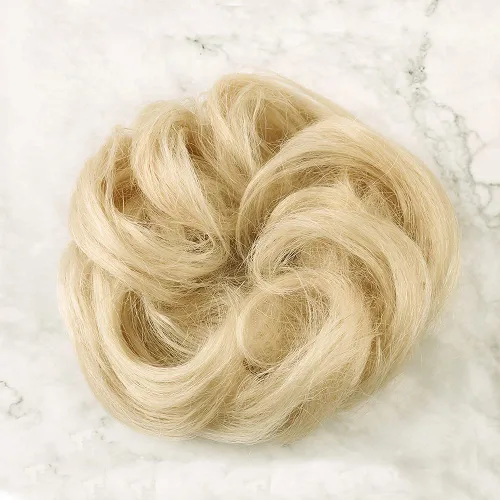 Miniatura 2 de Bella Hair - Rodete de extensión de cabello 100 % humano para banda elástica, extensión de cola de caballo ondeada, rizada o desordenada #60 Rubio