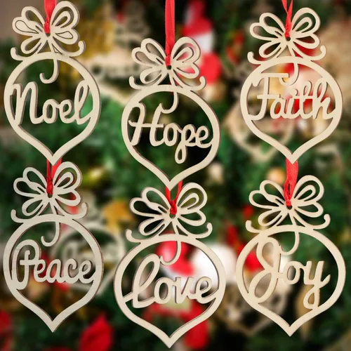 Bememo 30 adornos de Navidad a granel de madera para árbol de Navidad, colgantes de fe, esperanza, rústico, religioso, cristiano, adornos huecos