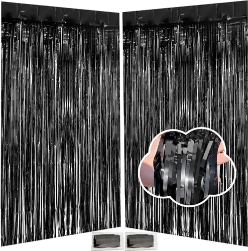 Cortinas de flecos de papel de aluminio de oropel negro de 3.3 x 8.2 pies, telón de fondo de flecos negros para decoración de fiestas de