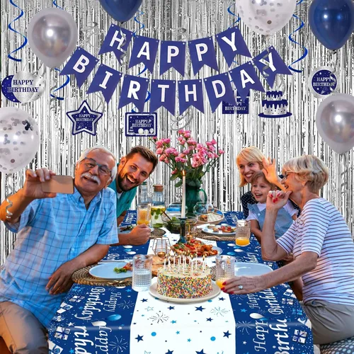 Miniatura 7 de Decoraciones de cumpleaños número 15 para niños y niñas azul plateado, pancarta de decoraciones de feliz cumpleaños número 15, globos de cumpleaños