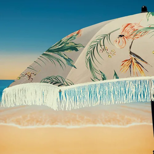 Miniatura 8 de Sombrilla de playa para arena, resistente al viento, con bolsa de anclaje de arena, portátil, flecos, bolsa de mezclilla, cuenta con parte inferior