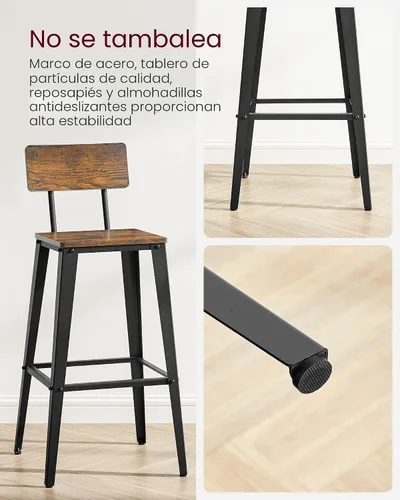 Miniatura 4 de VASAGLE Juego de 2 taburetes de bar, taburetes de barra de altura, taburetes de bar de 29.1 pulgadas de alto con respaldo, sillas de barra para isla