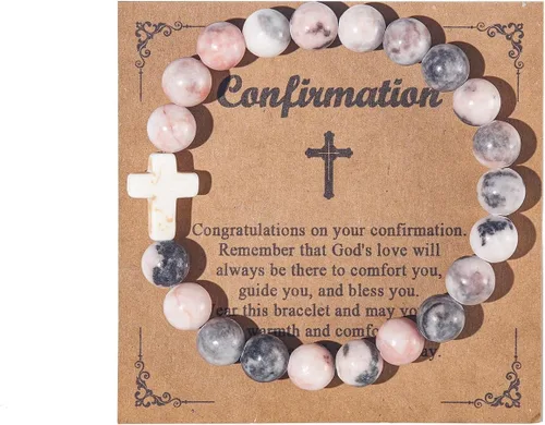 Regalos cristianos para mujeres y hombres, pulsera elástica de cuentas cruzadas de piedra natural curativa, joyería religiosa católica, regalos de