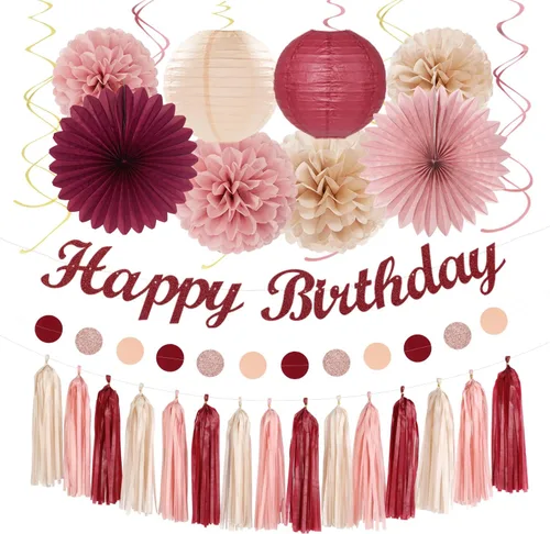 Miniatura 9 de Cartel de feliz cumpleaños rosa y negro para decoración de fiesta – 31 piezas de oro rosa 14º 40º para mujeres y niñas, faroles de papel