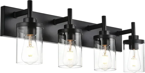 Lámpara de tocador de baño sobre espejo, lámparas de pared de baño negras, iluminación moderna con pantalla de vidrio transparente, aplique de pared