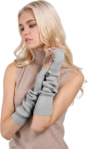 Miniatura 21 de Facecozy Calentadores de brazos para mujer, mezcla de lana de cachemira, guantes largos sin dedos para mujer, guantes para clima frío con agujero