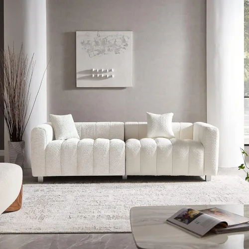 Sofá Boucle moderno de 3 plazas de 87.4 pulgadas para sala de estar, sofá nube de mediados de siglo con marco de madera maciza y 6 patas para Blanco