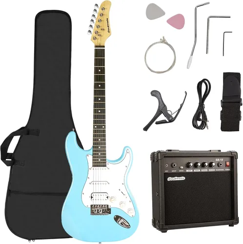 Miniatura 9 de Kit de guitarra eléctrica Soulmate para principiantes, 39" con pastillas HSS, amplificador de 15W, cejilla, correa, cuerdas, cable, púas, bolsa