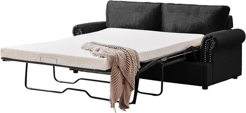 Miniatura 4 de Sofá cama reversible con cómodo colchón de espuma viscoelástica, sofá extraíble de pana convertible de tamaño matrimonial para sala de estar, Negro