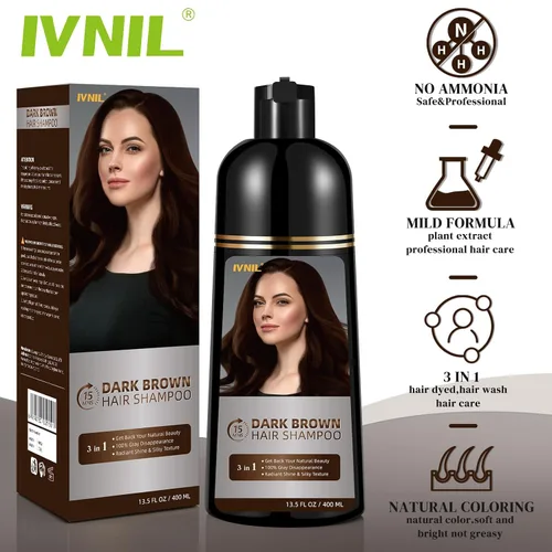 Miniatura 3 de Ivnil - Champú de tinte para cabello castaño oscuro para cobertura de cabello gris, champú permanente 3 en 1 para canas, Champu con tinte