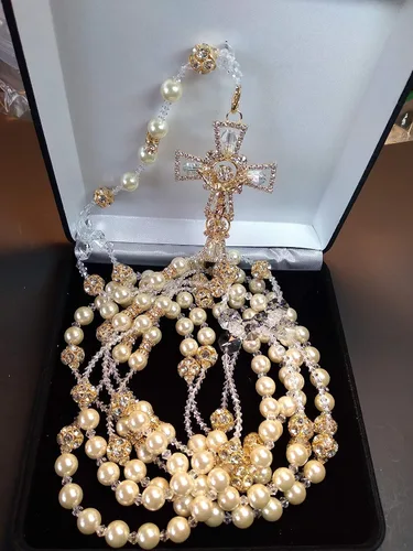 Miniatura 3 de Aeiniweraabbcc SPPRANDOM J.G Wedding LassoLasso para boda de Perla fina Color Marfil y rhigestone Color oro Lazo con Cruz catolica y cristales Lazo