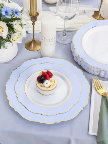 Miniatura 5 de WDF - 60 platos de plástico azul desechables con borde dorado - Platos de fiesta de plástico azul bebé barroco para boda/fiesta/baby shower