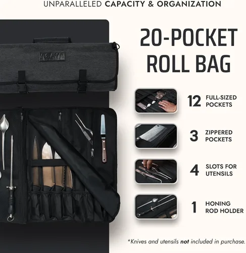 Miniatura 2 de Asaya Bolsa enrollable para cuchillos de chef, 20 bolsillos en total para cuchillos y utensilios de cocina, fabricada con nailon encerado resistente