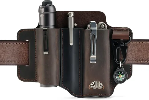 Miniatura 8 de VIPERADE PJ29 Funda multiherramienta para cinturón, organizador de bolsillo EDC de cuero para hombres, funda de cuero EDC, linterna y funda Marrón