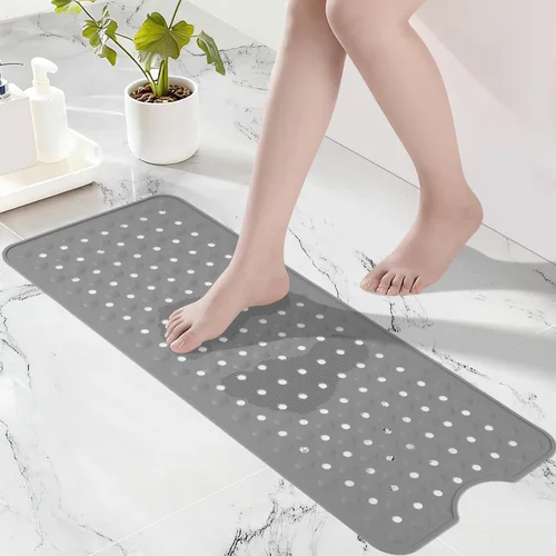 Miniatura 11 de Tapete de silicona antideslizante para bañera de 36 x 16 pulgadas, con orificios de drenaje y ventosas, tapetes mejorados para bañera y ducha, Negro