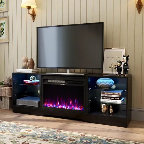 COCO DESIGN Fireplace TV Stand up to 75" TVs, 23" Electric Fireplace TV Console, LED Lights Wood and Glass Entertainment Center & Remote Control,