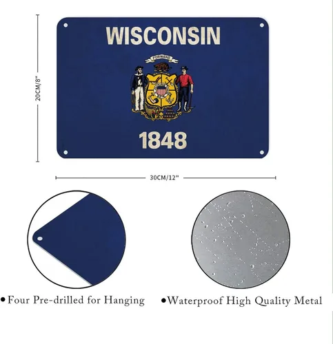Miniatura 5 de Letrero de metal de Wisconsin, bandera del estado de Wisconsin, letrero de metal para hogar, estado, país, ciudad, recuerdo, arte de pared, póster