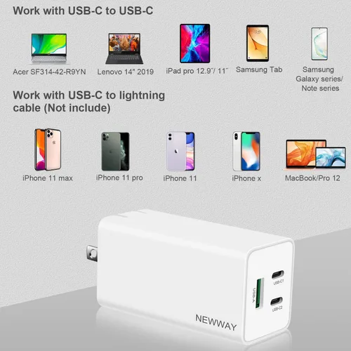 Miniatura 5 de NewWay Cargador rápido USB-C de 65 W de 3 puertos PD QC 3.0 de entrega plegable, cargador de pared USB-C para MacBook, iPad, iPhone Series con 15 16