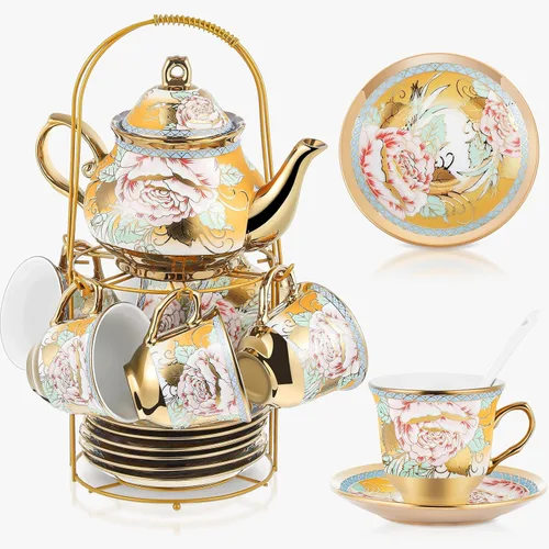 Miniatura 29 de Zhehao Juego de té de porcelana de 20 piezas con soporte de metal y cuchara para adultos, juego de té de cerámica para adultos, pintura de flores