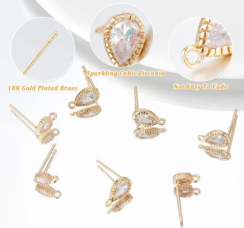 Miniatura 3 de CREATCABIN 1 caja 12 aretes de latón chapado en oro de 18 quilates de 2 tamaños, aretes tipo dormilona con circonitas cúbicas con anillos de salto