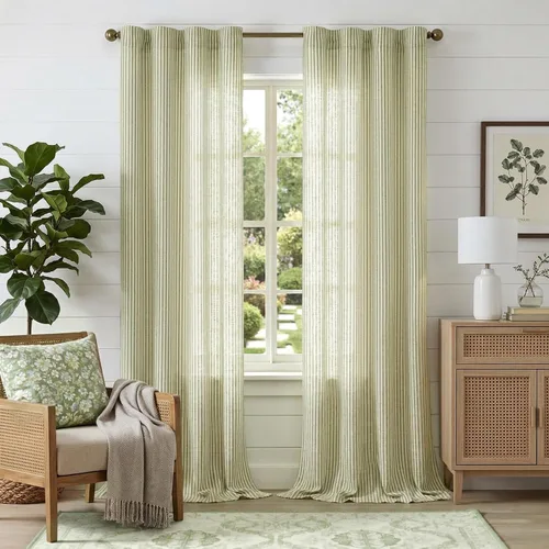 Miniatura 11 de JINCHAN Cortinas de lino para sala de estar o dormitorio, con estampado a rayas verde salvia sobre beige, rayas delgadas que filtran la luz