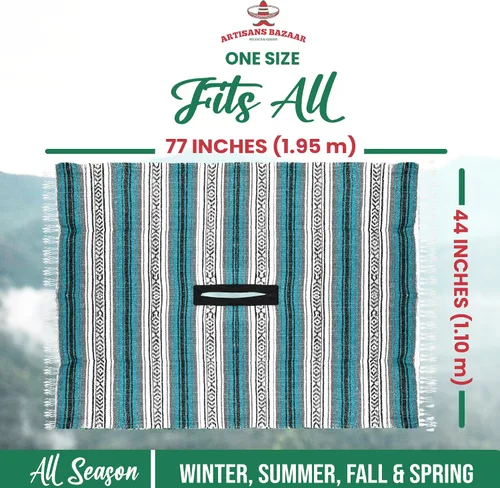 Miniatura 37 de Artisans Bazaar Poncho tradicional mexicano de Baja para hombres y mujeres, auténtico sarape de Gaban, manta de vaquero Pancho Jorongo