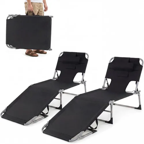 Miniatura 15 de Goplus Silla bronceadora, silla de playa plegable con agujero para cara y brazo, posición ajustable, almohada extraíble, bolsillo lateral, silla