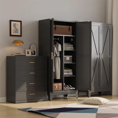 Miniatura 2 de Armario de metal guardarropa con barra para colgar, gabinete de armario de metal de 71'' con 2 puertas y 4 estantes ajustables, armarios