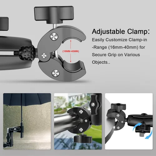 Miniatura 4 de Soporte de cámara de doble abrazadera: soporte universal para carritos de golf, abrazadera de paraguas, escritorio, cochecitos, vagones, estudio