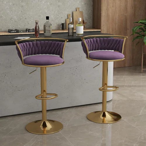 Miniatura 43 de Juego de 2 taburetes de bar giratorios de 360°, silla de bar de terciopelo ajustable a altura de mostrador moderna, taburete de metal plateado