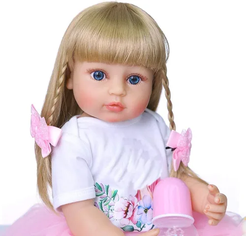 Miniatura 5 de Muñecas de bebé Reborn de 22 pulgadas, cabello rubio, cuerpo completo, vinilo de silicona, ojos azules, vestido rosa, unicornio para niñas, regalos