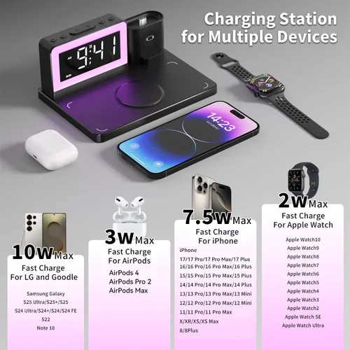 Miniatura 4 de Estación de carga rápida inalámbrica, reloj despertador 7 en 1 con soporte de cargador inalámbrico, base de carga para Apple, para múltiples