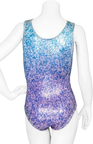 Miniatura 2 de Destira Leotardo de gimnasia de lavanda con purpurina y brillo, tela holográfica brillante en azul y lavanda, coletero a juego incluido
