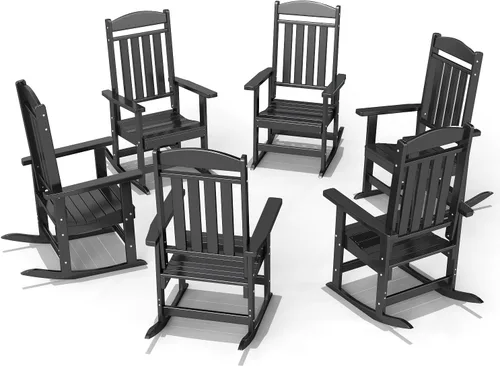 Miniatura 25 de FOOWIN Juego de sillas mecedoras de patio de 2 piezas, mecedora de porche con respaldo alto de HDPE, mecedora de porche de madera de polietileno