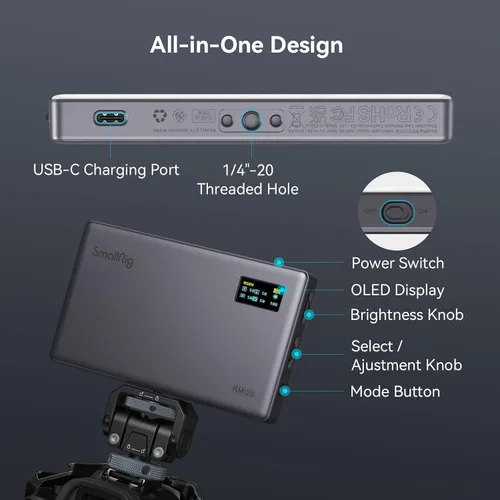 Miniatura 3 de SmallRig RM120 Luz de Vídeo RGB, 5000mAh 180 Minutos Luz de Cámara Portátil 7W de Potencia de Salida, Panel de Luz de Vídeo LED, 2500-8500K CRI TLCI