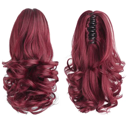 Miniatura 59 de Extensiones de cola de caballo, extensiones de cabello rizado con clip de garra de color marrón oscuro para mujer, peluca sintética de cola
