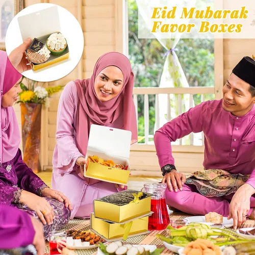 Miniatura 4 de Honoson 36 cajas de recuerdo de Ramadán Eid Mubarak de 4.5 x 3 pulgadas, cajas cuadradas de dulces Eid Al Fitr con cinta dorada para suministros