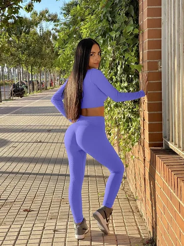 Miniatura 5 de Stylishine Conjunto de 2 piezas de entrenamiento para mujer, trajes acanalados de manga larga, tops cortos de cintura alta, leggings para yoga