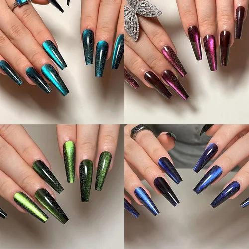Miniatura 26 de Uñas postizas a presión largas, con brillo azul y diseño, acabado acrílico brillante, de cobertura completa, uñas postizas reutilizables para l002