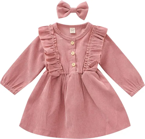 Karuedoo Kids Toddler Baby Girl Corduroy Ruffle Long Sleeve Dress Princess Party Dress Fall Winter Skirt Outfit