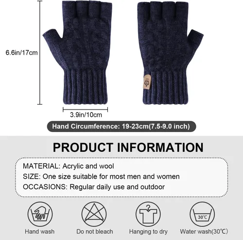 Miniatura 3 de Guantes sin dedos para invierno, cálidos, de punto, elásticos, de medio dedo, para correr, conducir, ciclismo, trabajo para hombres y mujeres