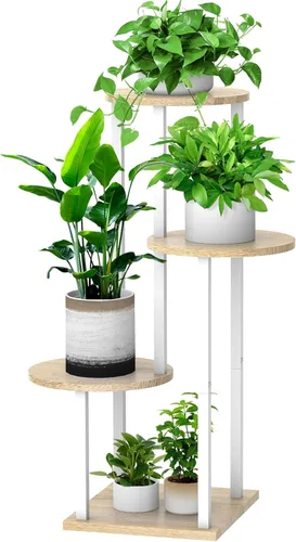 Miniatura 8 de Soporte alto de madera de 4 niveles para plantas, estante de metal para interiores, múltiples estantes para macetas, estante de esquina, estante
