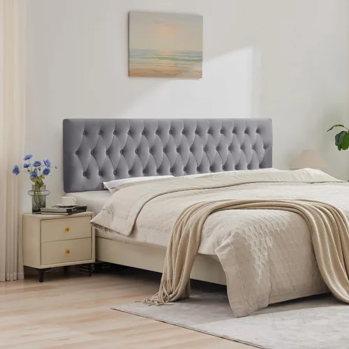 Miniatura 15 de Kingfun Cabeceras con diseño moderno de botones, cabecera de cama tapizada y acolchada de tela de lino premium, cabecera de madera maciza ajustable