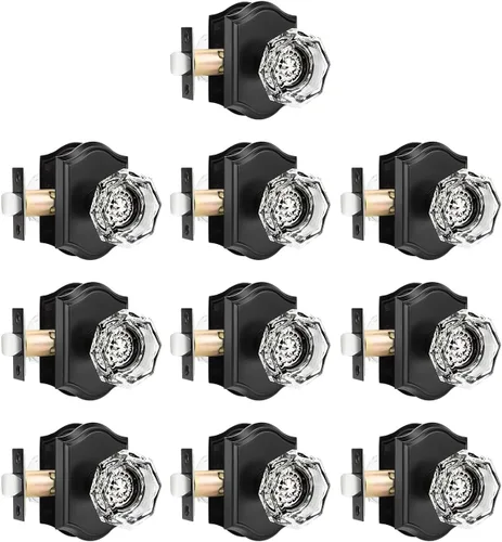 Miniatura 37 de Gobrico Paquete de 5 pomos de puerta de cristal de paso en latón antiguo para pasillo, armario, lavandería, forma octágono transparente, sin llave
