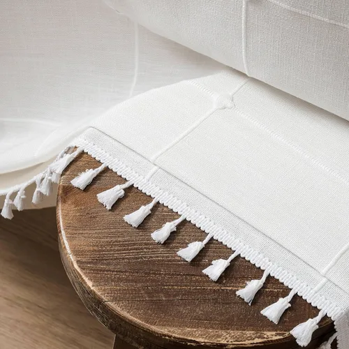Miniatura 4 de ZeeMart - Mantel de mesa con diseño de cuadrícula boho y borlas (blanco roto, 132 cm x 132 cm), mantel de gran peso de lino a cuadros bordado