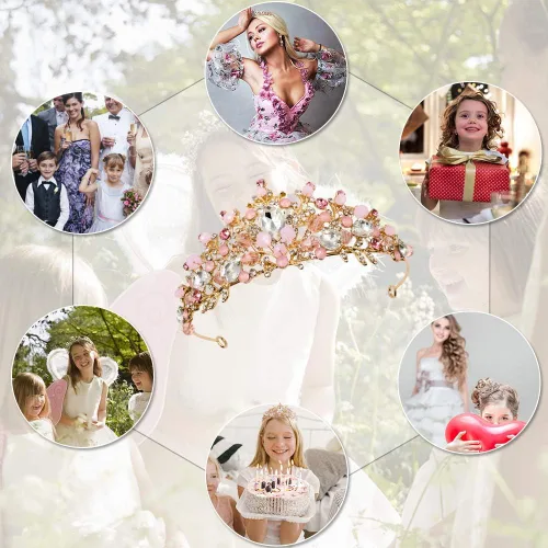 Miniatura 6 de NODG - Tiaras y coronas de oro rosa para mujer; tiaras de cristal rosa para mujer; tiaras nupciales para cumpleaños; diademas para graduación
